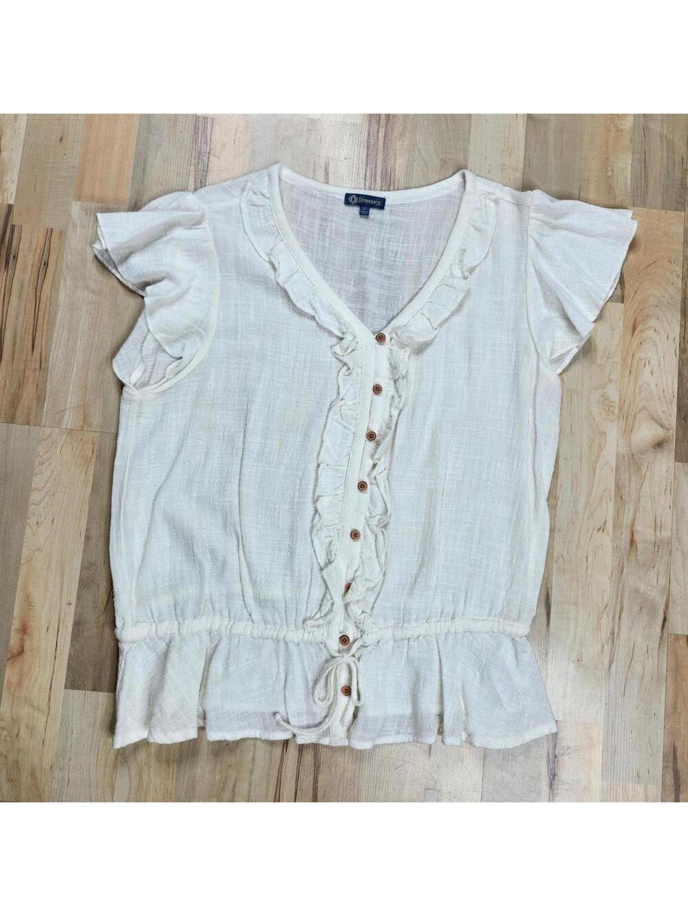 Democracy Ruffle Blouse Peplum Top Button Front Short Sleeve White L